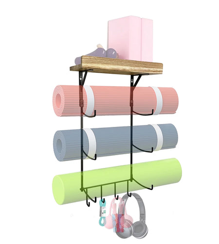 Yoga Mat Holder, Yoga Mat Storage Wall Mount Sturdy Yoga Mat Rack Organizer with 4 Hooks for Foam Roller Resistance Bands and Yoga Equipment Accessories at Home Gym
