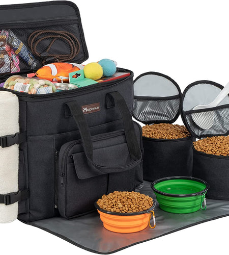 Dog Travel Bag with 2 Collapsible Dog Bowls, 1 Dog Backpack, Airline Approved Pet Travel Bag Organizer for Supplies & Accessories, 2 Travel Dog Food Container, Black
