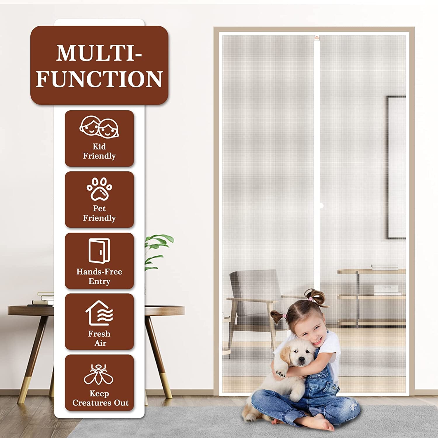 White Mesh Door Screen with Magnets Fits Door Size 36, up to 36"W X 83"H with Full Frame Hook&Loop Strip and Special Windproof Hasp Design