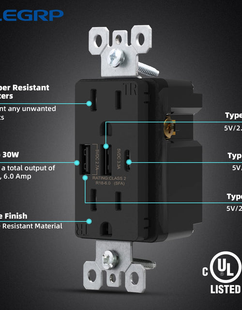 Load image into Gallery viewer, USB Outlets Receptacles, 3-Port USB C Wall Outlet, 30W 6.0A USB Electrical Outlet, 15 Amp Tamper-Resistant Outlet with USB C Ports, UL Listed, Screwless Wall Plate Included, 1 Pack, Matte Black
