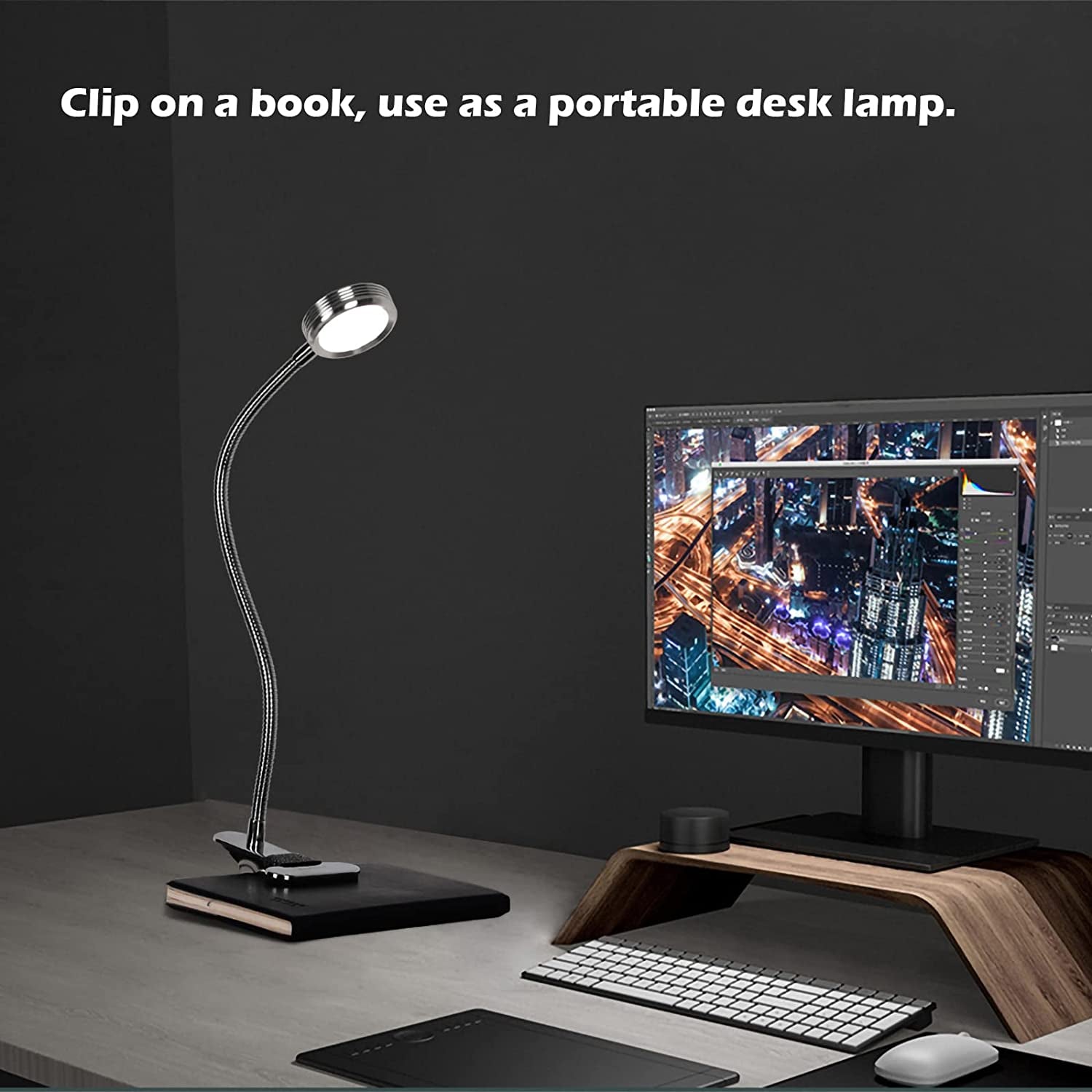 LED Reading Light, Dimmable Clamp Light for Bed Headboard, Bedroom, Office, 3 Modes & 9 Dimming Levels, Flexible Clip Desk Lamp, Adapter Included, 5W, Silver
