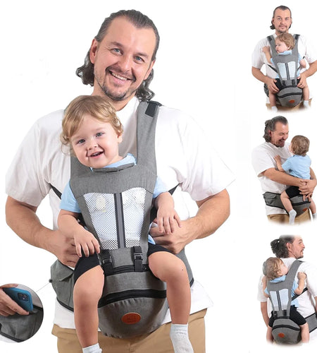 Baby Carrier,  6-In-1 Ergonomic Baby Carrier with Hip Seat Diaper Pocket Front and Back Baby Sling with Waist Stool Lumbar Support for Breastfeeding Newborn to Toddler, up 50Lbs (Gray)