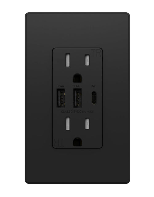 Load image into Gallery viewer, USB Outlets Receptacles, 3-Port USB C Wall Outlet, 30W 6.0A USB Electrical Outlet, 15 Amp Tamper-Resistant Outlet with USB C Ports, UL Listed, Screwless Wall Plate Included, 1 Pack, Matte Black
