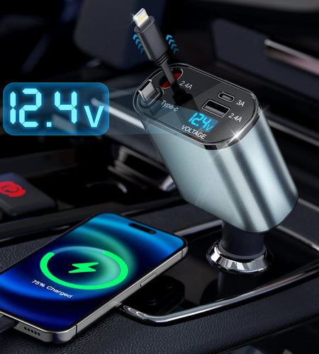 Retractable Car Charger, 66W 4 in 1 Fast Car Phone Charger, Retractable TYPE-C and Lightning Cables(31.5 Inch) and USB Car Charger, Compatible with Iphone 15/14/13/12/11,Ipad,Galaxy,Pixel