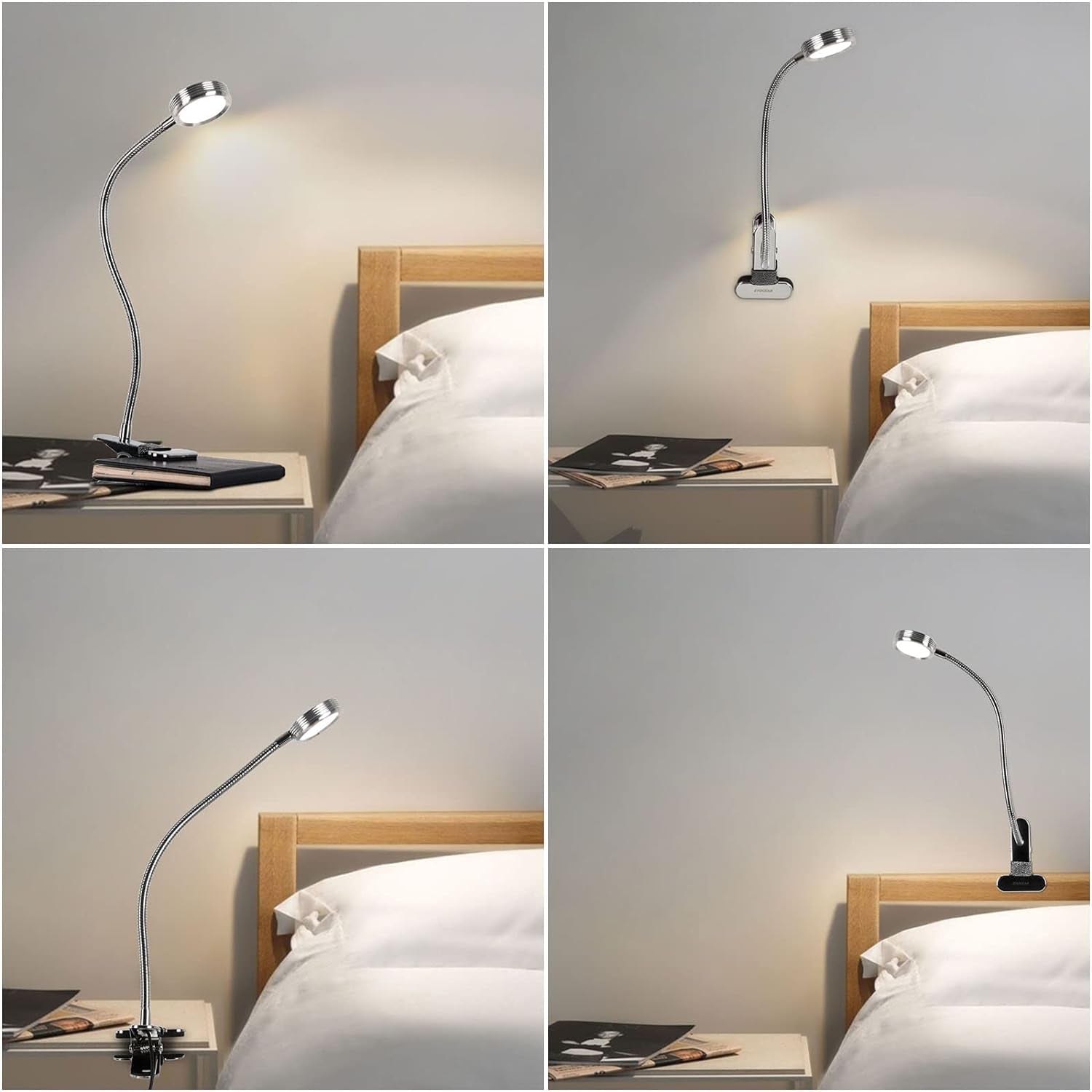 LED Reading Light, Dimmable Clamp Light for Bed Headboard, Bedroom, Office, 3 Modes & 9 Dimming Levels, Flexible Clip Desk Lamp, Adapter Included, 5W, Silver
