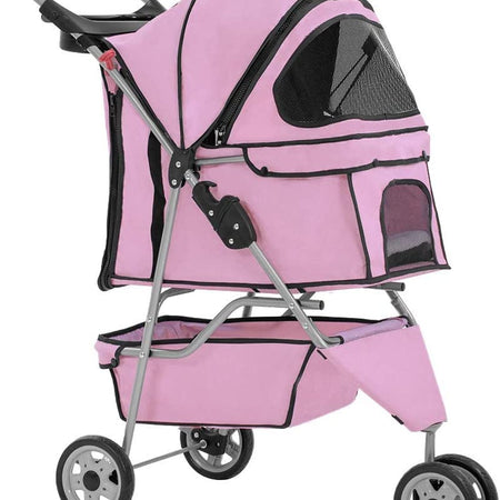 3 Wheels Pet Stroller Dog Stroller Cat Cage Jogger Stroller Cats Travel Folding Carrier Waterproof Puppy Stroller with Cup Holder & Removable Liner (Pink)