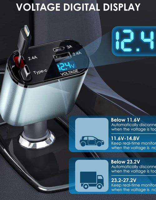 Load image into Gallery viewer, Retractable Car Charger, 66W 4 in 1 Fast Car Phone Charger, Retractable TYPE-C and Lightning Cables(31.5 Inch) and USB Car Charger, Compatible with Iphone 15/14/13/12/11,Ipad,Galaxy,Pixel
