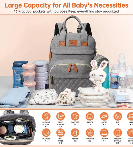 Diaper Bag Backpack, Multifunction Baby Bag with Changing Station, Large Capacity Diaper Bags W/ Foldable Crib & Insulated Pocket, Portable Waterproof Backpack, USB Charging Port&Stroller Straps(Gray)