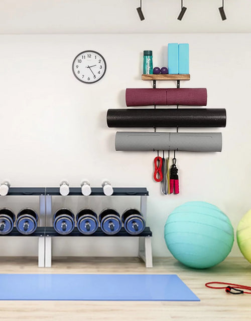 Load image into Gallery viewer, Yoga Mat Holder, Yoga Mat Storage Wall Mount Sturdy Yoga Mat Rack Organizer with 4 Hooks for Foam Roller Resistance Bands and Yoga Equipment Accessories at Home Gym
