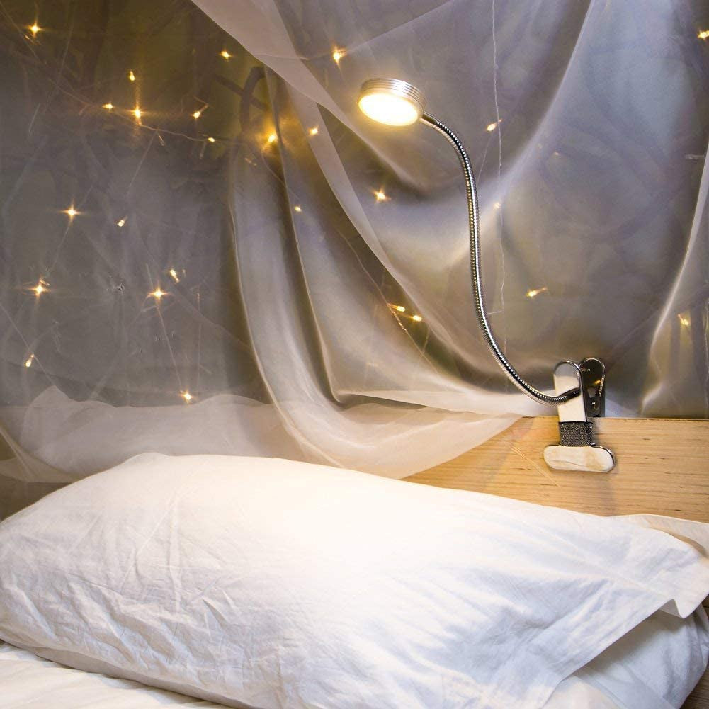 LED Reading Light, Dimmable Clamp Light for Bed Headboard, Bedroom, Office, 3 Modes & 9 Dimming Levels, Flexible Clip Desk Lamp, Adapter Included, 5W, Silver
