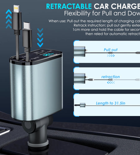 Retractable Car Charger, 66W 4 in 1 Fast Car Phone Charger, Retractable TYPE-C and Lightning Cables(31.5 Inch) and USB Car Charger, Compatible with Iphone 15/14/13/12/11,Ipad,Galaxy,Pixel