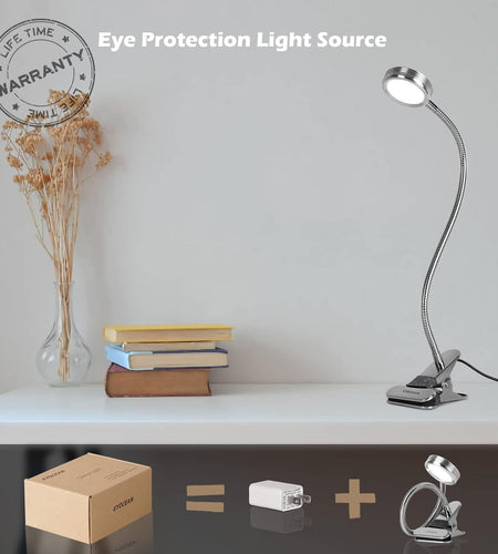 LED Reading Light, Dimmable Clamp Light for Bed Headboard, Bedroom, Office, 3 Modes & 9 Dimming Levels, Flexible Clip Desk Lamp, Adapter Included, 5W, Silver