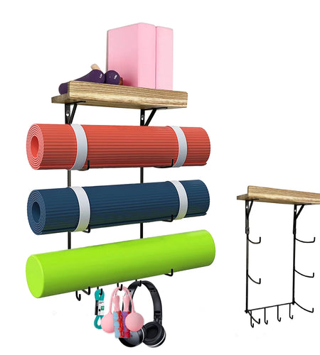 Yoga Mat Holder, Yoga Mat Storage Wall Mount Sturdy Yoga Mat Rack Organizer with 4 Hooks for Foam Roller Resistance Bands and Yoga Equipment Accessories at Home Gym