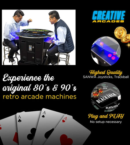 Creative Arcades Full Size Commercial Grade Pub Arcade Machine | 2 Player | 60 Games | 22" LCD Screen | round Glass Top | 2 Sanwa Joysticks | Blackjack Design | 2 Stools Included | 3 Year Warranty