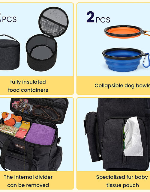 Load image into Gallery viewer, Dog Travel Bag with 2 Collapsible Dog Bowls, 1 Dog Backpack, Airline Approved Pet Travel Bag Organizer for Supplies &amp; Accessories, 2 Travel Dog Food Container, Black
