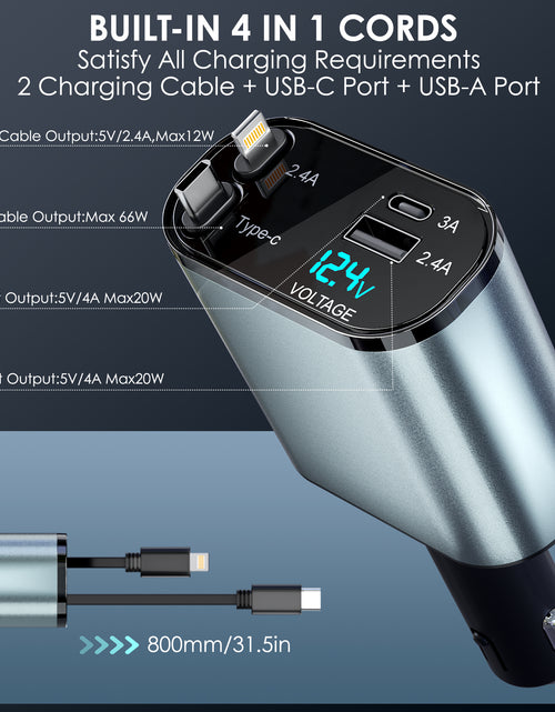 Load image into Gallery viewer, Retractable Car Charger, 66W 4 in 1 Fast Car Phone Charger, Retractable TYPE-C and Lightning Cables(31.5 Inch) and USB Car Charger, Compatible with Iphone 15/14/13/12/11,Ipad,Galaxy,Pixel
