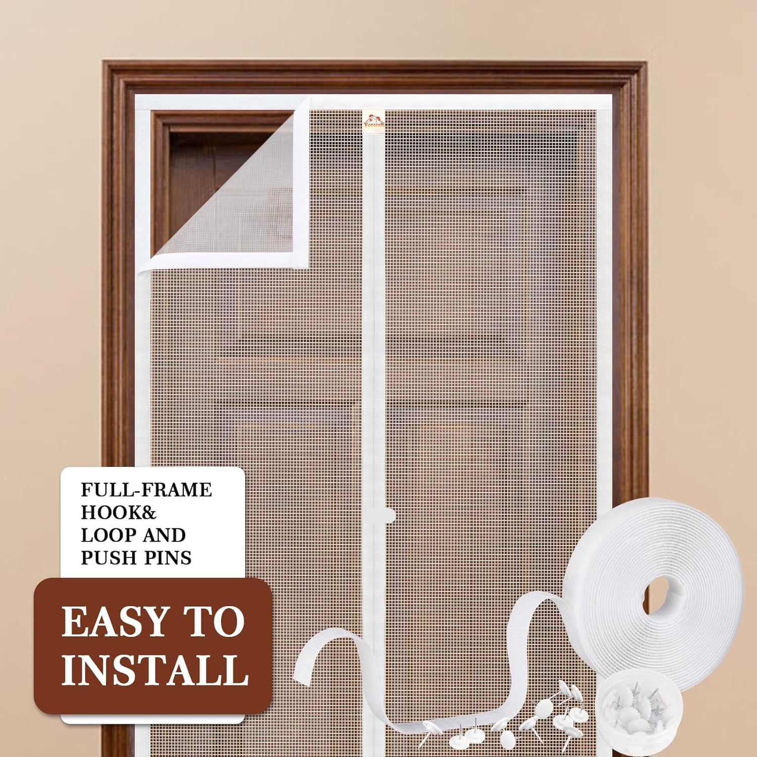White Mesh Door Screen with Magnets Fits Door Size 36, up to 36"W X 83"H with Full Frame Hook&Loop Strip and Special Windproof Hasp Design