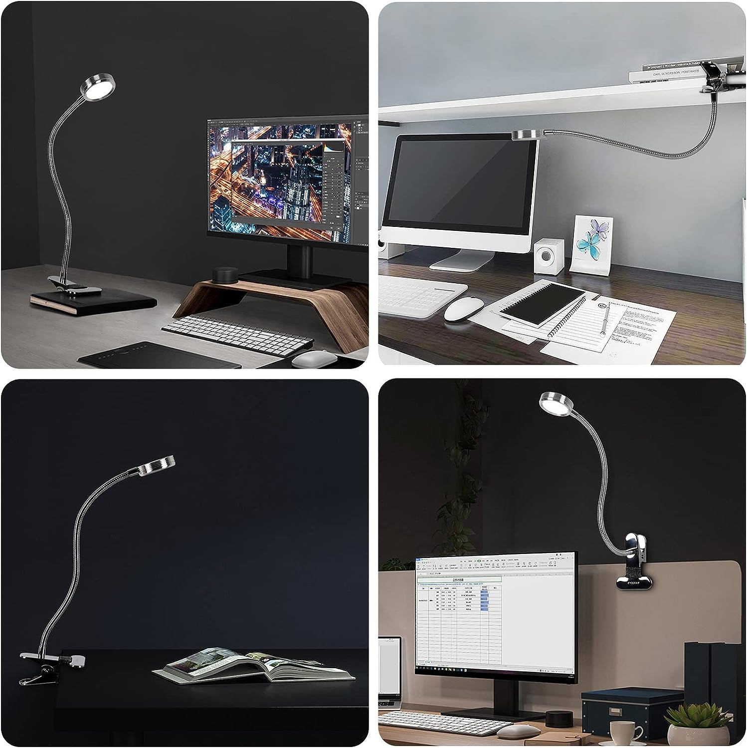 LED Reading Light, Dimmable Clamp Light for Bed Headboard, Bedroom, Office, 3 Modes & 9 Dimming Levels, Flexible Clip Desk Lamp, Adapter Included, 5W, Silver